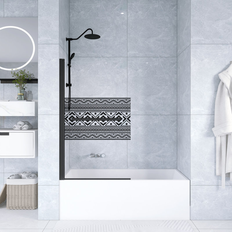 32 In. W X 55 In. H Shower Door Bathtub, 1/4" Thick Bohemian Pattern Tempered Glass  Shower Door In Matt Black With Stainless Steel Handle