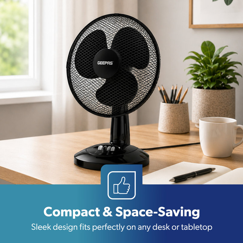 GEEPAS 12" Table Fan | Electric Portable Worktop Desk Fan with 3 Speeds 3 Blades, Adjustable Tilt Wide Angled Oscillation | Powerful Cooling Airflow for Home Office | 1 Year Warranty, 35W