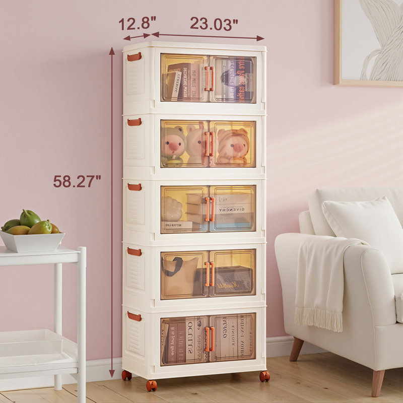 5 Tier Plastic Storage Bins With Lid Doors And Wheels For Living Room Bedroom Study And Kitchen, 5