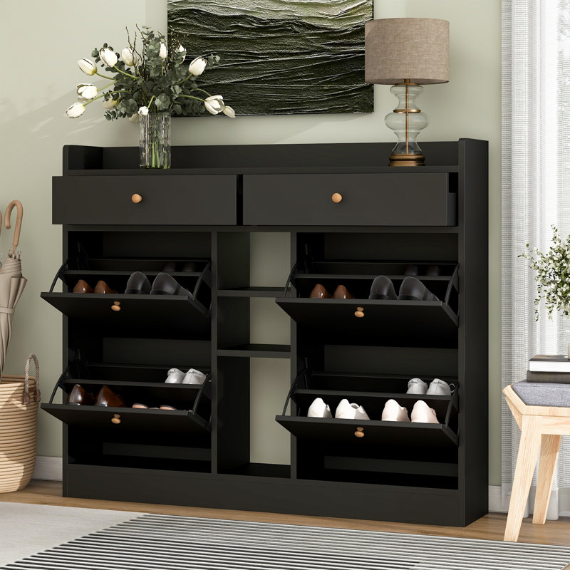 Modern Tipping Bucket Shoe Cabinet with 4 Flip Drawers, Perfect for Organized and Stylish Entryways, Black