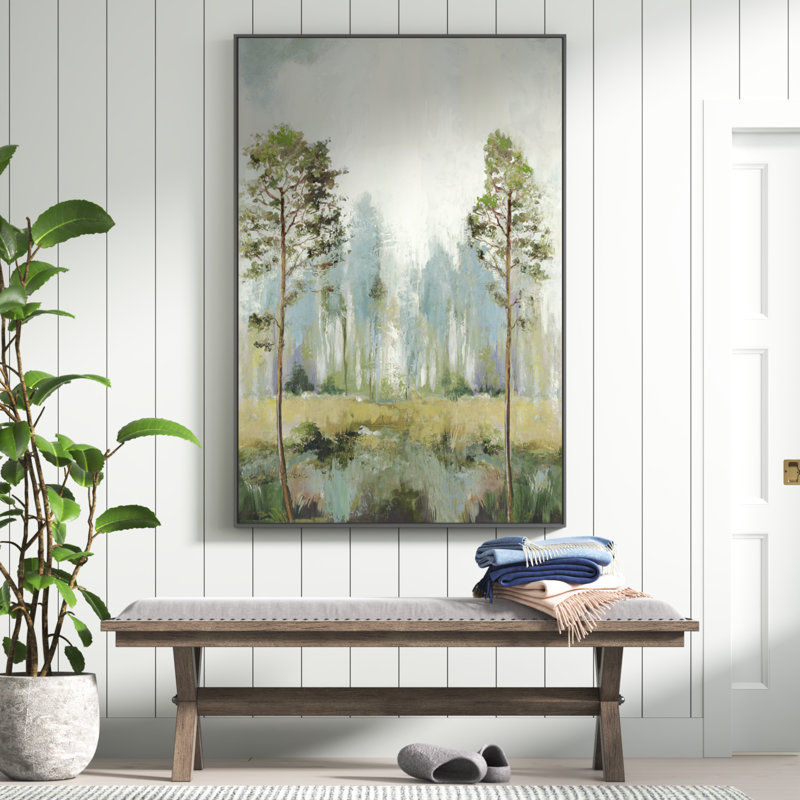 Teton Tall Green Trees II by Teton Pearce - Floater Frame Print on Canvas, 61.5" H x 41.5" W, Silver