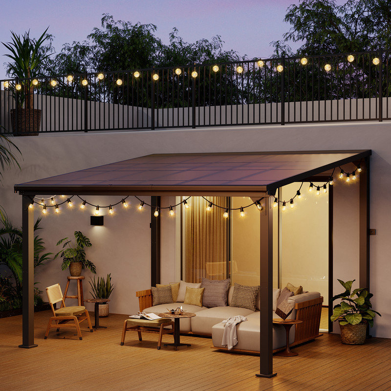 10 * 12FT Outdoor Gazebo Pergola Aluminum Framed with Sloping Pitched Roof, 96" H x 144" W x 114" D