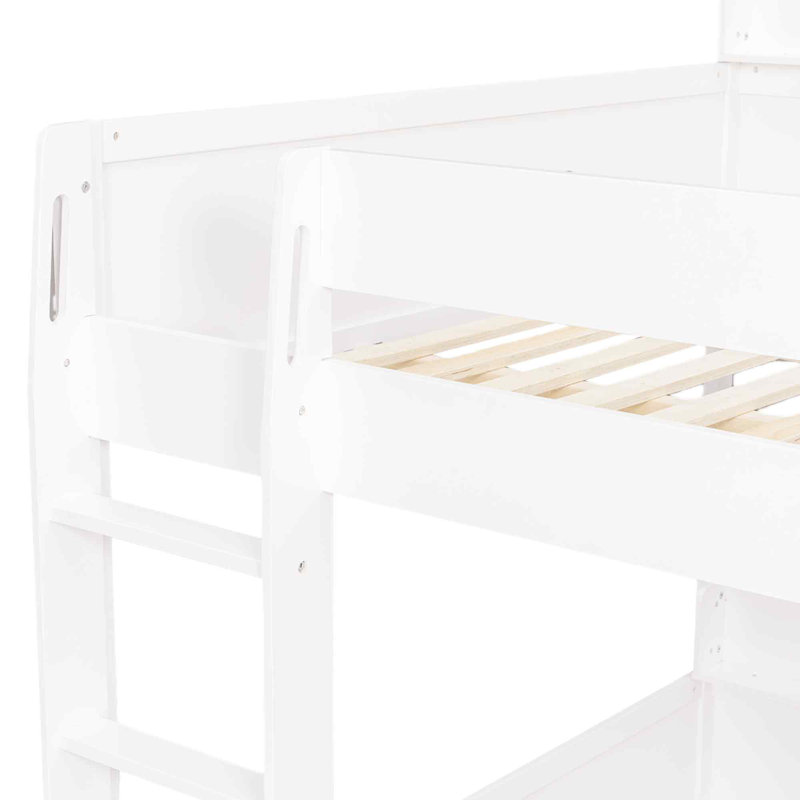 Queen Over Queen Bunk Bed with Storage Shelves and USB Ports, Solid Wood Bunk Bed with Guardrails, White