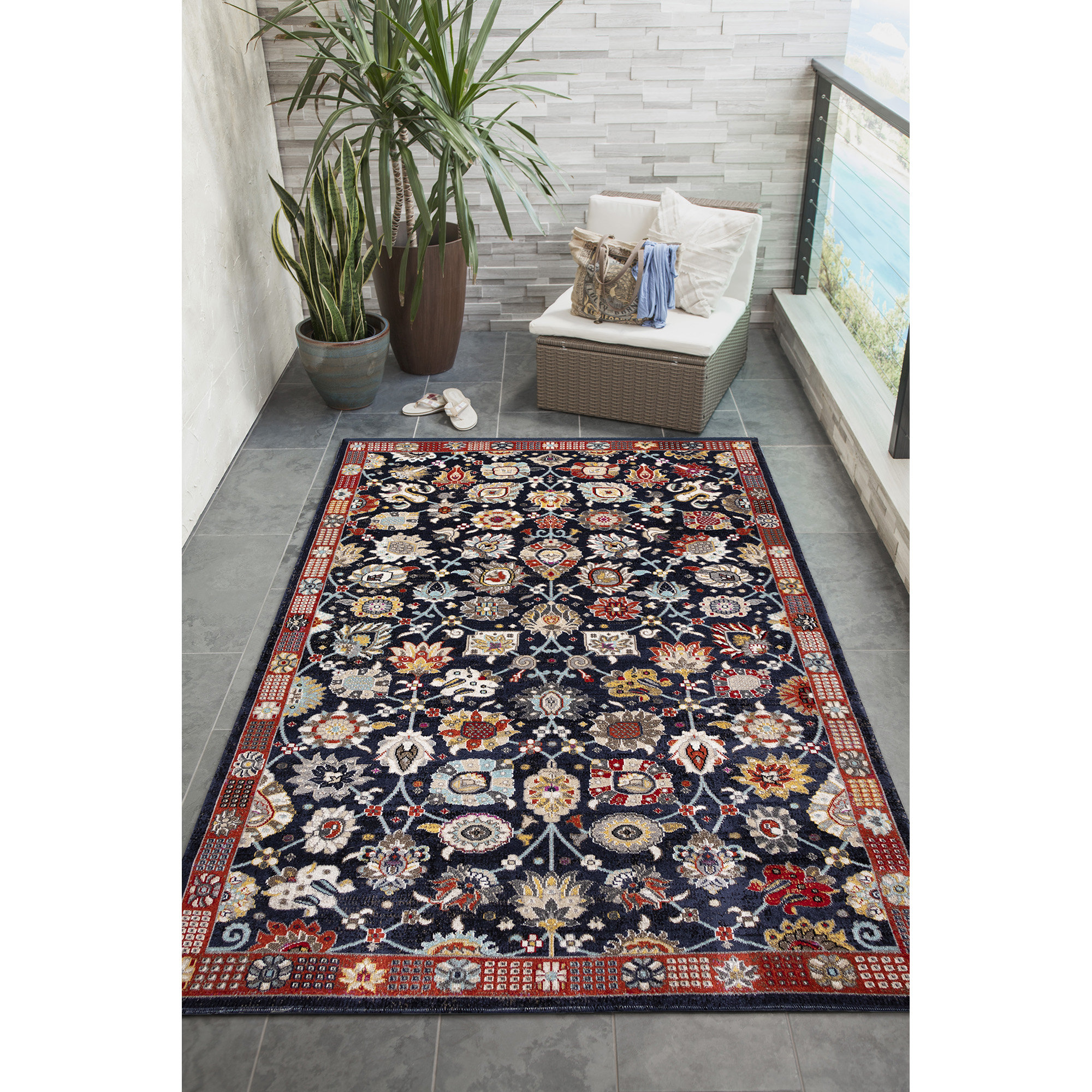Charlton Home® Cecina Floral Navy/Red Indoor / Outdoor Area Rug | Wayfair
