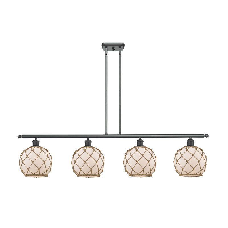 Luminaire suspendu linéaire à 4 lumières pour îlot de cuisine Hillhouse, Brun mat, Blanc avec corde brune