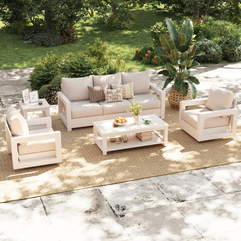 Outdoor 5-person Patio Conversation Set With Table, Beige Cushion/Beige Frame