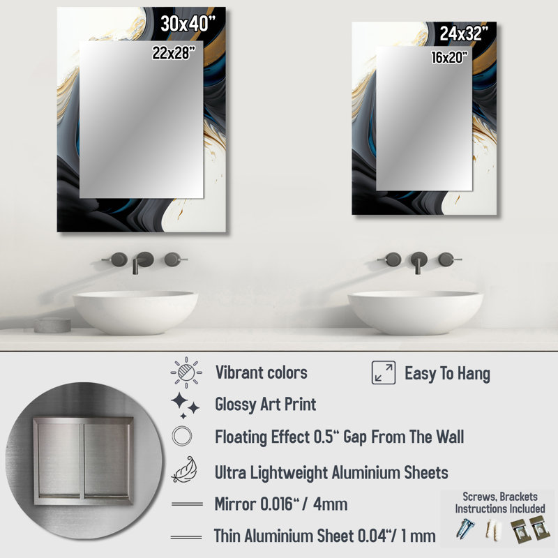 Black, White And Gold Liquid Art IV - Liquid Ink Unique Wall Mirror Decor, Modern Large Mirror, Printed Metal Art, 32" x 24"