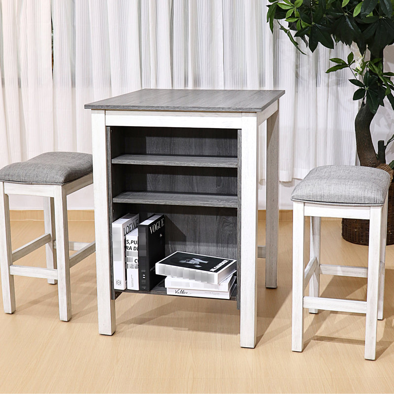 Ensemble de repas compact pour appartements, 3 pièces, fini rétro, montage facile, bois massif, étagères latérales, style rustique contemporain, rangement intégré, siège confortable.