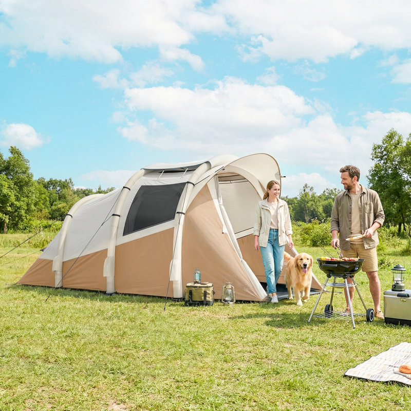 Outsunny Inflatable Camping Tent with Air Pump Glow-in-the-Dark Pegs, Khaki/Beige