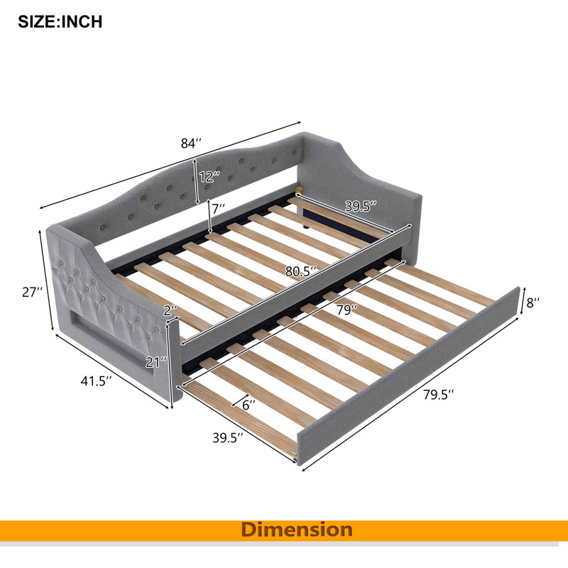 Upholstered Twin XL Size Daybed With LED Belt And Trundle, Gray