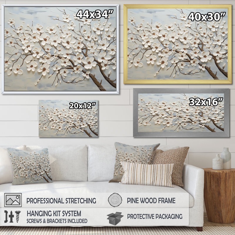 Dogwood Serenity Magical Tree I - Flower Field, reproduction d'art sur toile encadrée, Cadre naturel flottant, 34" H x 44" W