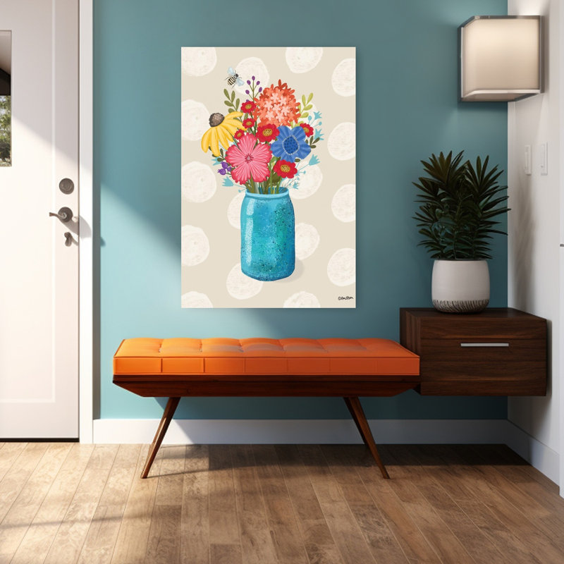 Art arc-en-ciel abstrait dans un vase bleu, paysage contemporain, H 48 po x l 32 po