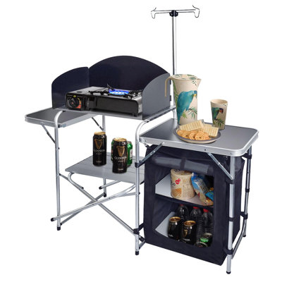 Folding Cooking Table Outdoor Portable Cook Station Aluminum Camping Kitchen With Storage Organizer (Black)