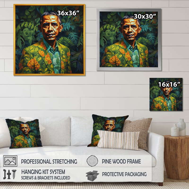 «Obama Miami Vibes II», reproduction sur toile, Cadre doré à coins fermés, H 30 po x l 30 po x P 1 po