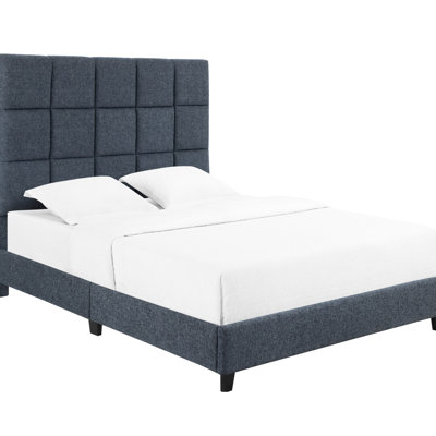 Lit plateforme contemporain avec tissu en denim transitionnel bleu marine et pieds en bois massif
