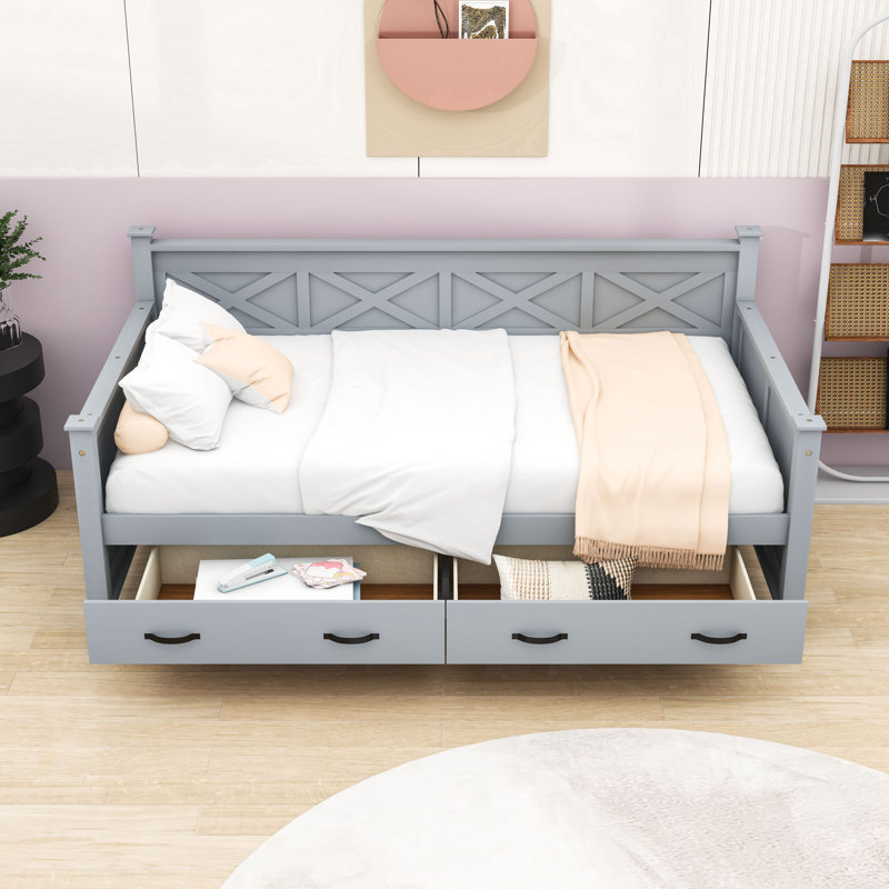 Twin-Sized Modern Farmhouse Daybed with X-Frame and Dual Storage Drawers, Gray