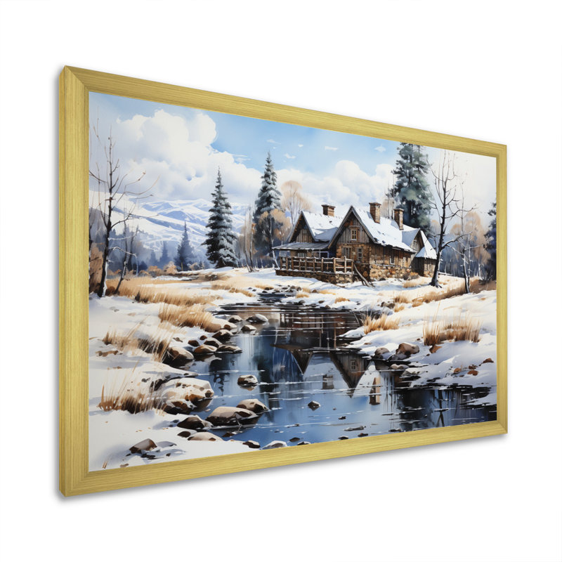 Canada Lakehouse Winter Retreat - Imprimé, H 12 po x l 20 po x P 1 po, Cadre doré à une seule photo