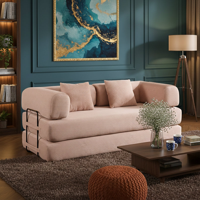 Canapé-lit convertible 77,9 po avec coussin cylindrique - 4-en-1 - Velours côtelé noir, Rose