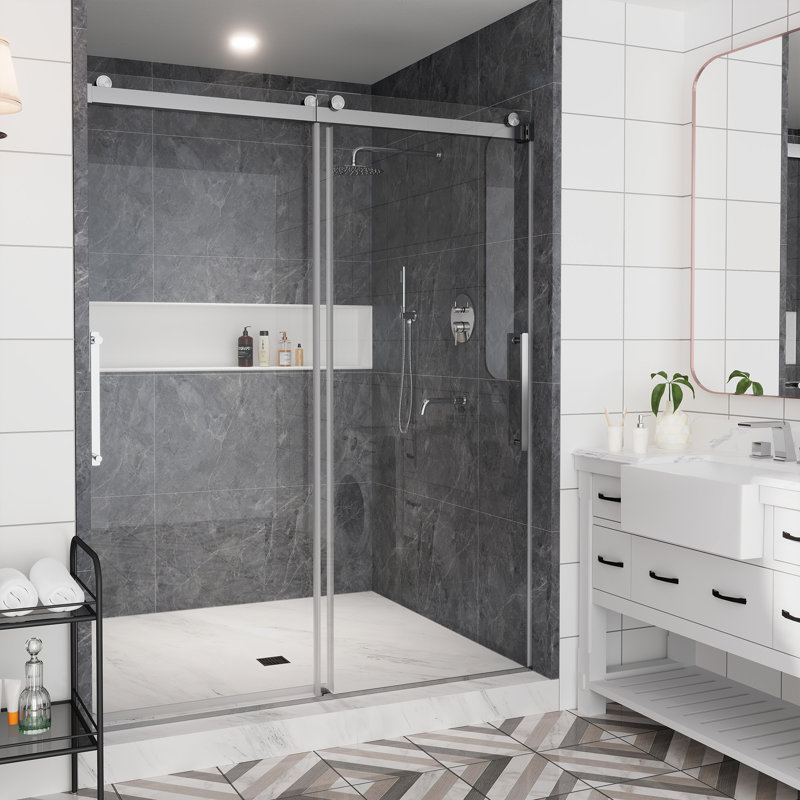 60" x 76" Frameless Brushed Nickel Double Sliding Shower Door