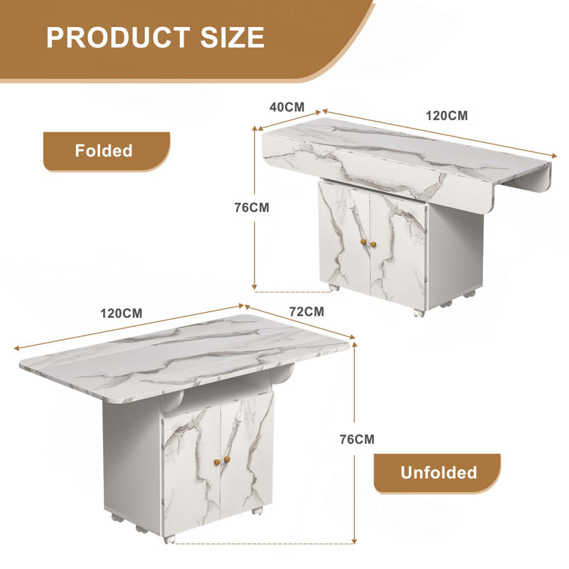 47" Wood Folding Dining Table With Storage Rack And Cabinet,Removable Entryway Table With 6 Wheels,Marble Kitchen Island,Side Table And Coffee Table Versatile Table Space Saving
