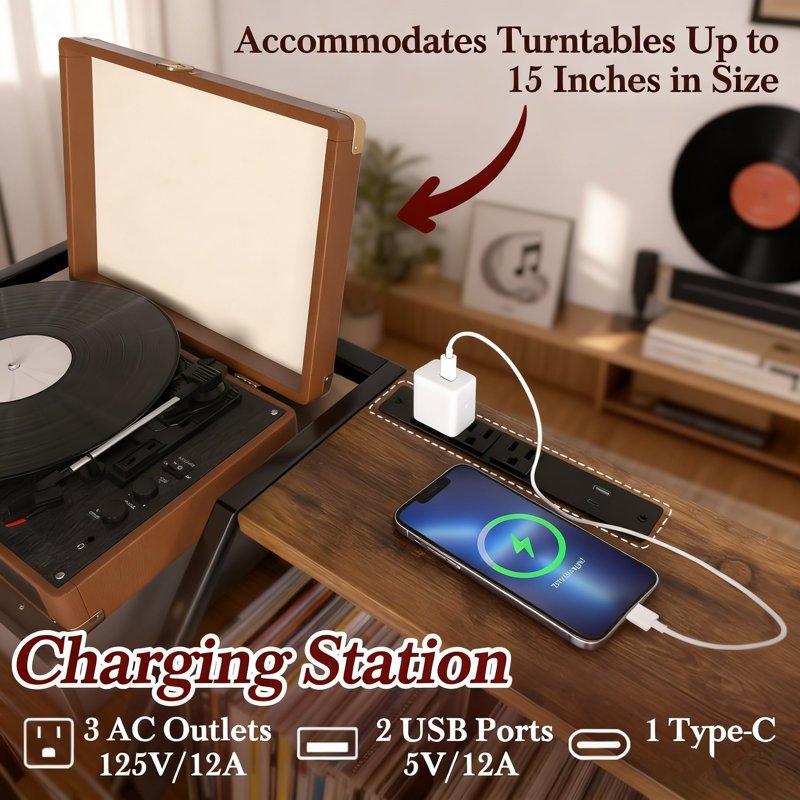 Large Record Player Stand With Charging Station And Vinyl Storage Cabinet