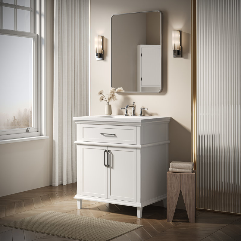 Velora 30 po Meuble-lavabo autoportant à simple cuve blanche avec plateau Everstone blanc assemblé