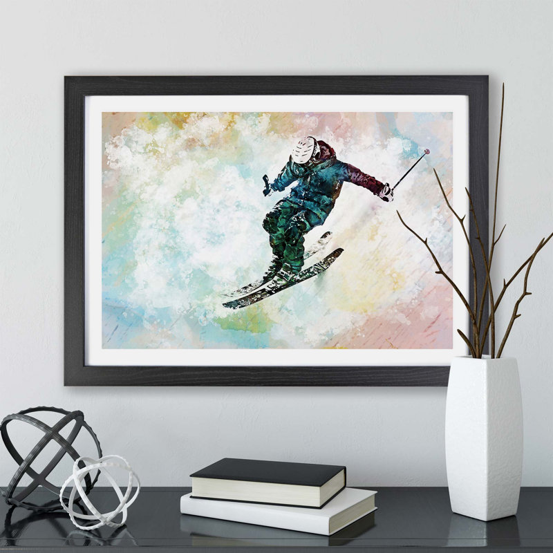 Skiing - Framed Print, 24cm H x 33cm W x 2cm D, Black
