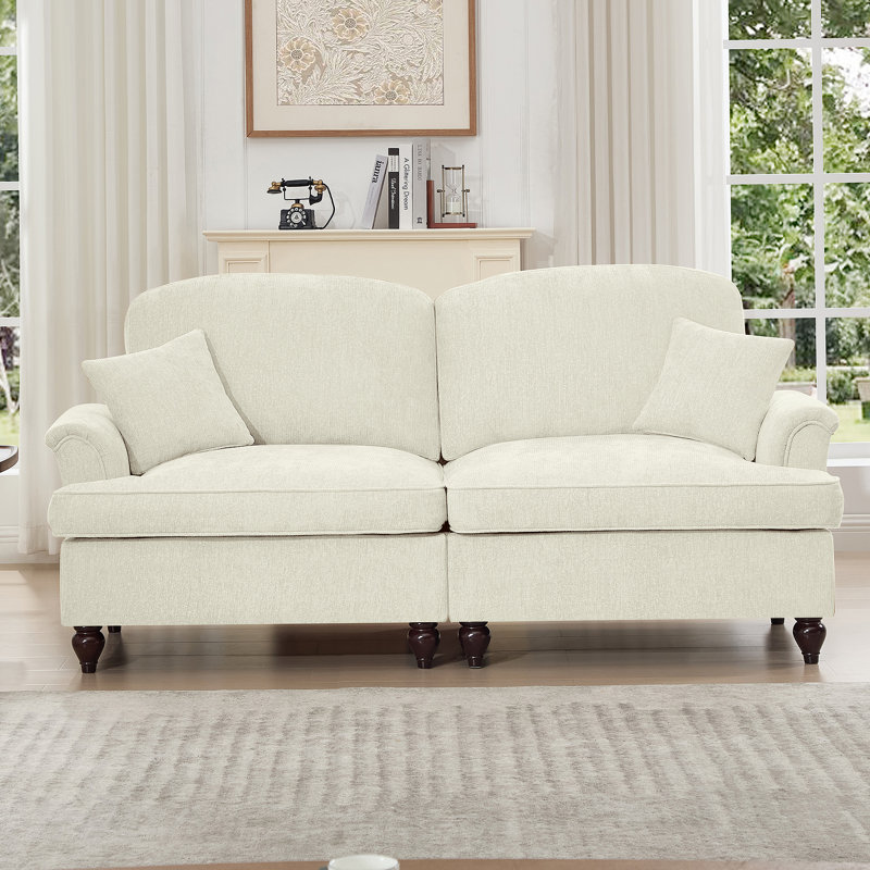 Elegant Mid Century Oversized Two Seater Sofa Couch with Flared Arms, Removable Skirts and Spindle Legs, Ideal for Living Room Comfort