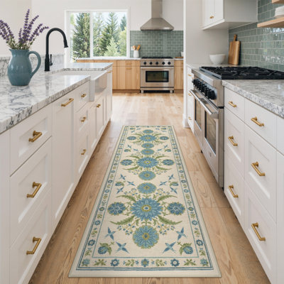 Tapis d'intérieur bleu / beige / vert à motif floral lavable à la machine Aura