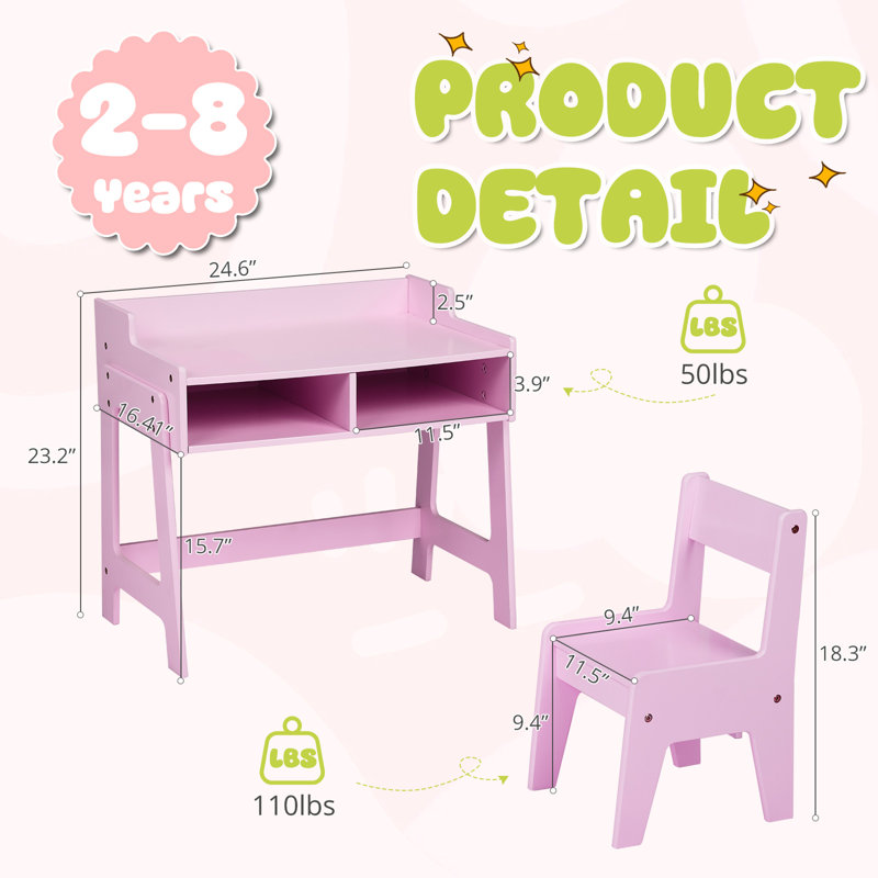 Pink MDF Children's Study Desk And Chair Set With 2 Storage Compartments, Pink