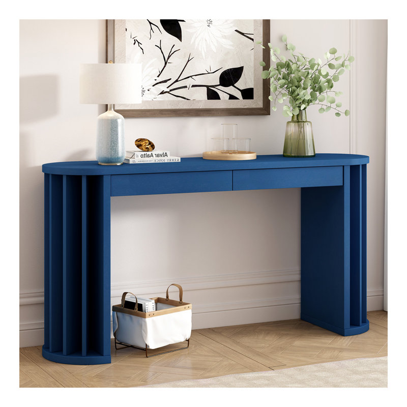 Console de 59 po de long, canapé en placage de chêne, conception courbée et droite, derrière le canapé, table d'entrée de style campagnard pour l'entrée, couloir, salon (bleu marine)