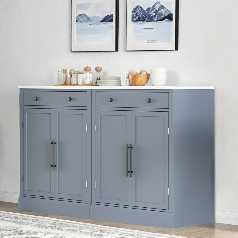 Buffet moderne avec 1 tiroir, 2 tablettes réglables et 2 tablettes de porte, ensemble de 2, Gris