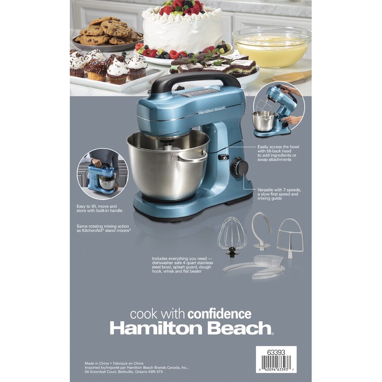 Hamilton Beach Electric Stand Mixer, 4 Quarts, Dough Hook, Flat Beater  Attachments, Splash Guard, 7 Speeds with Whisk, White