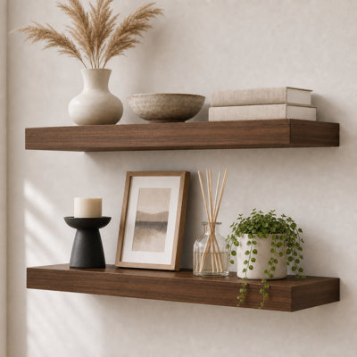 Acacia Wood Floating Shelves - Rustic Wall Storage with Mounting Brackets (Set of 2)