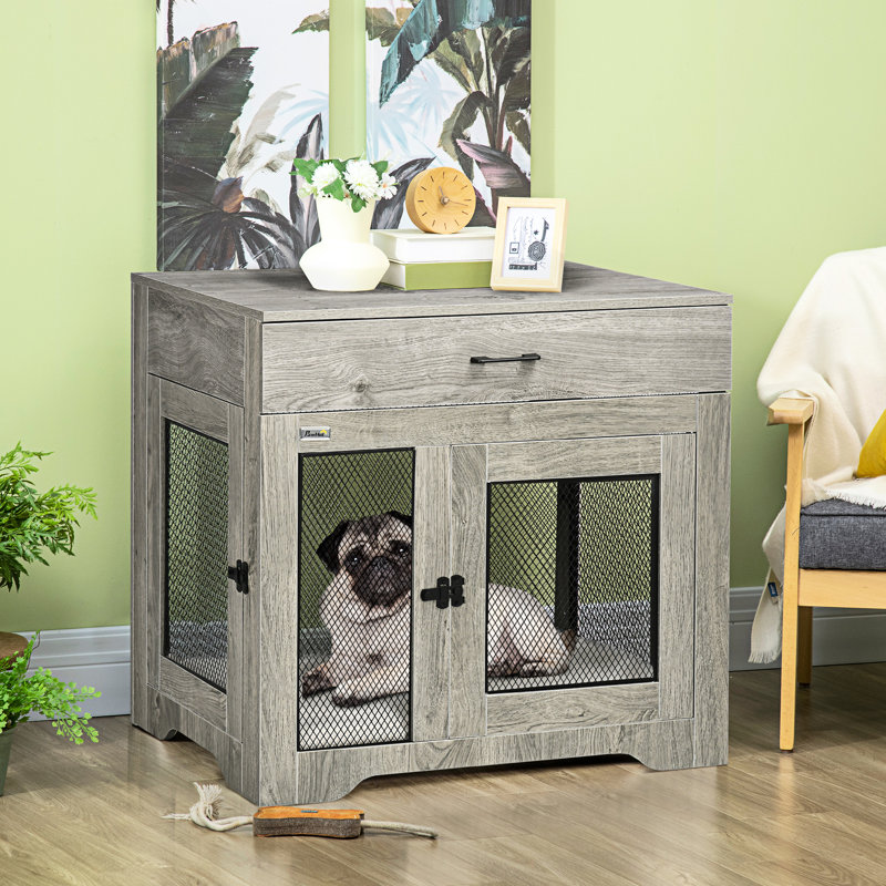 Chenil gris pour chien avec coussin moelleux et cage de rangement pour chiot avec tiroir fonctionnel