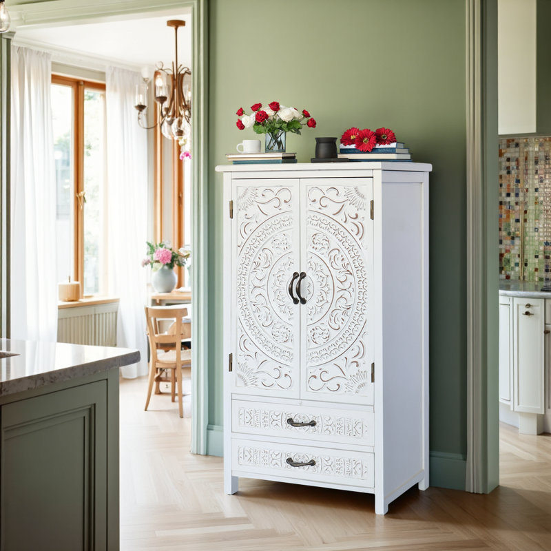27'' White Accent Tall Storage Cabinet, Tower Sideboard with Drawers & Doors