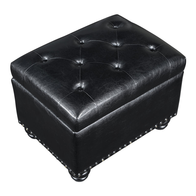Frontenac 24" Wide Faux Leather Tufted Rectangle Storage Ottoman, Black Faux Leather