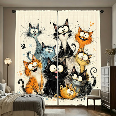 2 pièces de rideaux filtrant un chat mignon, une illustration d'animal fantaisiste ludique, un décor de maison animé et décontracté, un passe-tringle facile à accrocher, un salon, une chambre à coucher et un dortoir