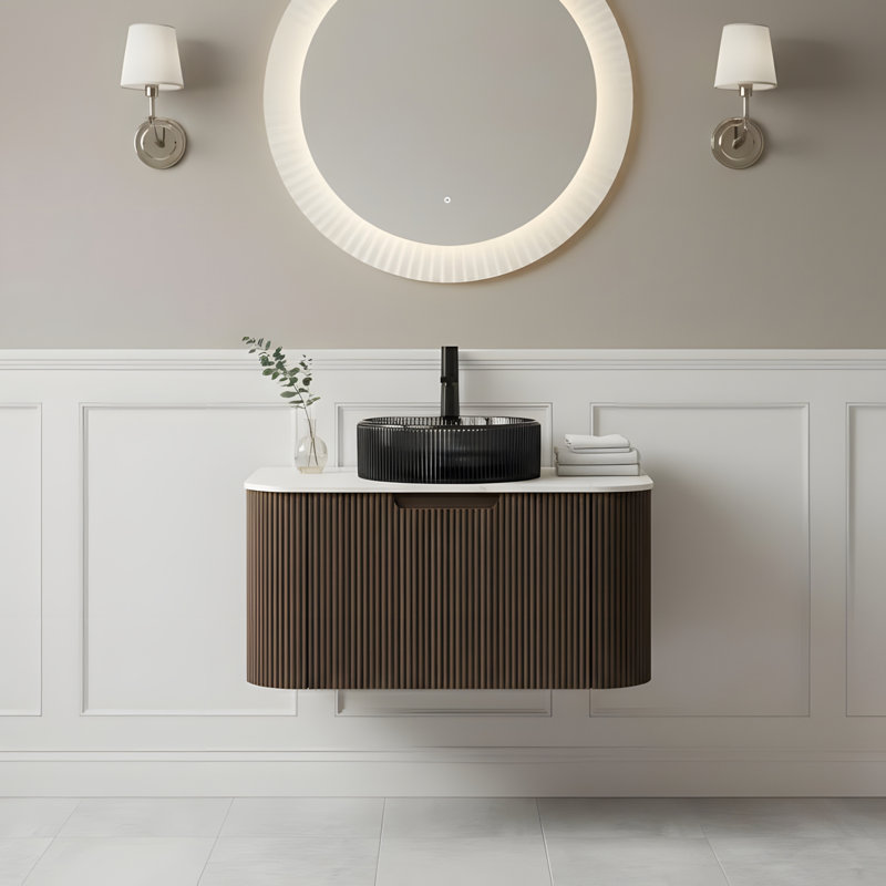 Meuble-lavabo mural flottant 30 po avec lavabo rond en verre noir transparent et tiroir, 30"