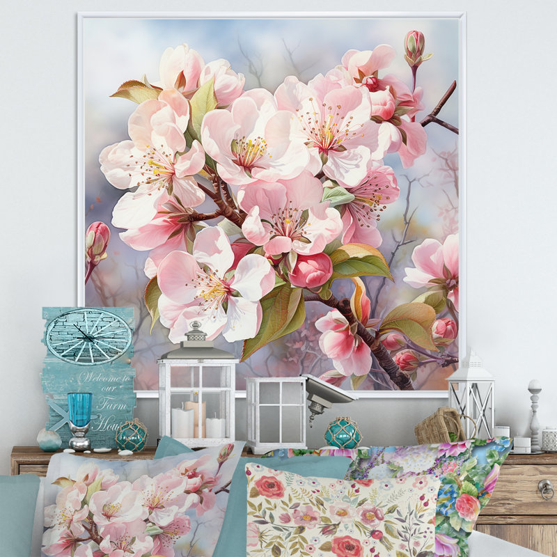 Fleur de pommier en hiver sur toile, H 30 po x l 30 po x P 1 po, Cadre flottant blanc
