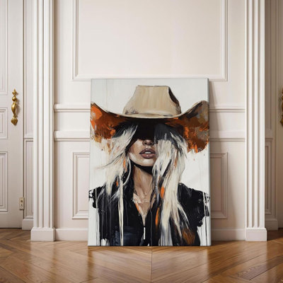 Abstract Western Cowgirl Canvas Wall Art Blonde Woman in Cowboy Hat Picture Wall Decor Modern Southwest Farmhouse Rustic Country Girl Posters Painting Prints Artwork for Girls Room Bedroom Dorm Decor