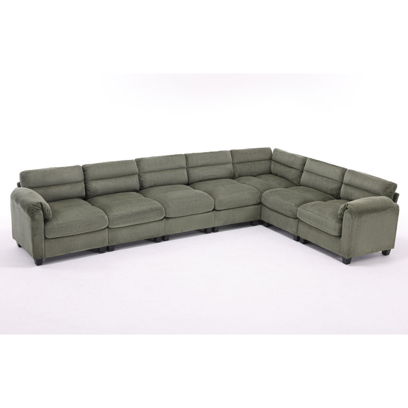 Dona 7-Piece L-Shaped Corduroy Upholstered Modular Sectional, Pillowtop Arm, Green Corduroy