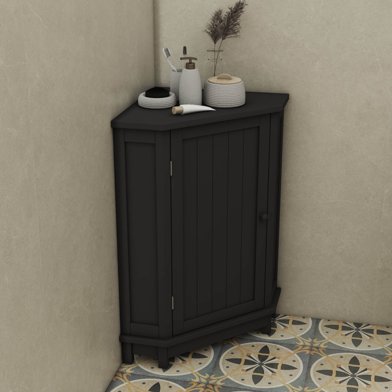 Armoire de salle de bain moderne en coin avec tablette réglable pour rangement, Noir