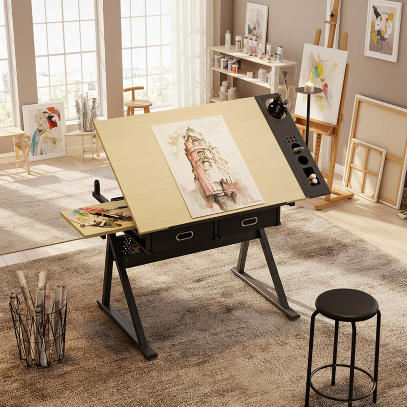 Adjustable Drafting Table Desk With 2 Drawers And Stool, Maple, Maple