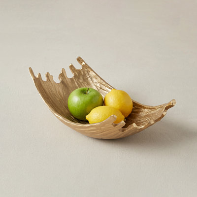 Bol à fruits en feuille d'or sculpté 13,8 po - Centre de table décoratif en polyrésine pour table de salle à manger, comptoir de cuisine et table basse