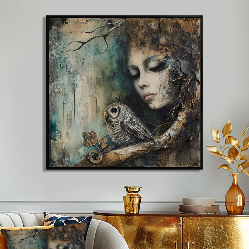 Mystère de la chouette, H 16 po x l 16 po, Toile noire avec cadre flottant