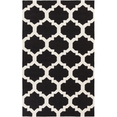 Tapis noir / ivoire en laine tissé à plat à la main à motif géométrique Bangor