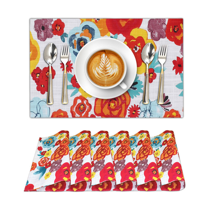 Ensemble de 6 napperons rectangulaires 100% coton multicolore 13 x 19 pouces, Multicolore, fleur