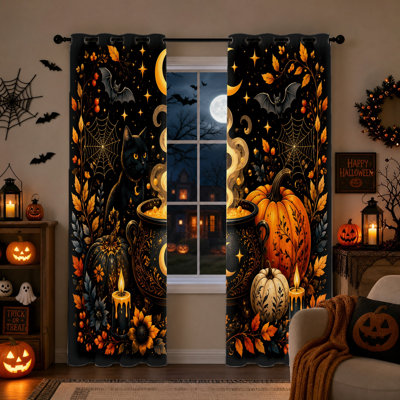 Lot de 2 rideaux occultants Halloween chat citrouille, rideaux thermiques isolants et insonorisants sur le thème d'Halloween, parfaits pour décorer une chambre, un salon ou toute autre pièce de la maison.