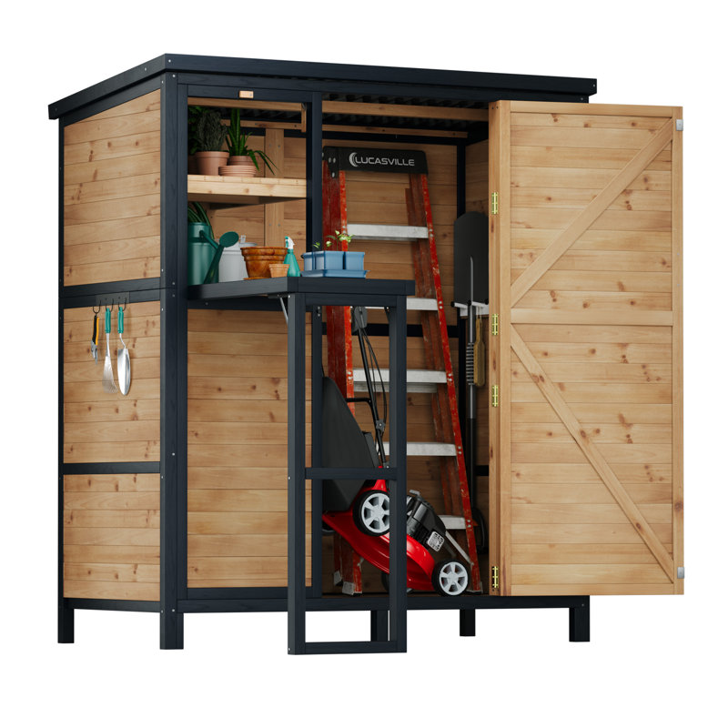 Outdoor Wooden Tool Shed with Locking Door and Interior Shelves, 71.1" H x 59" W x 29.5" D
